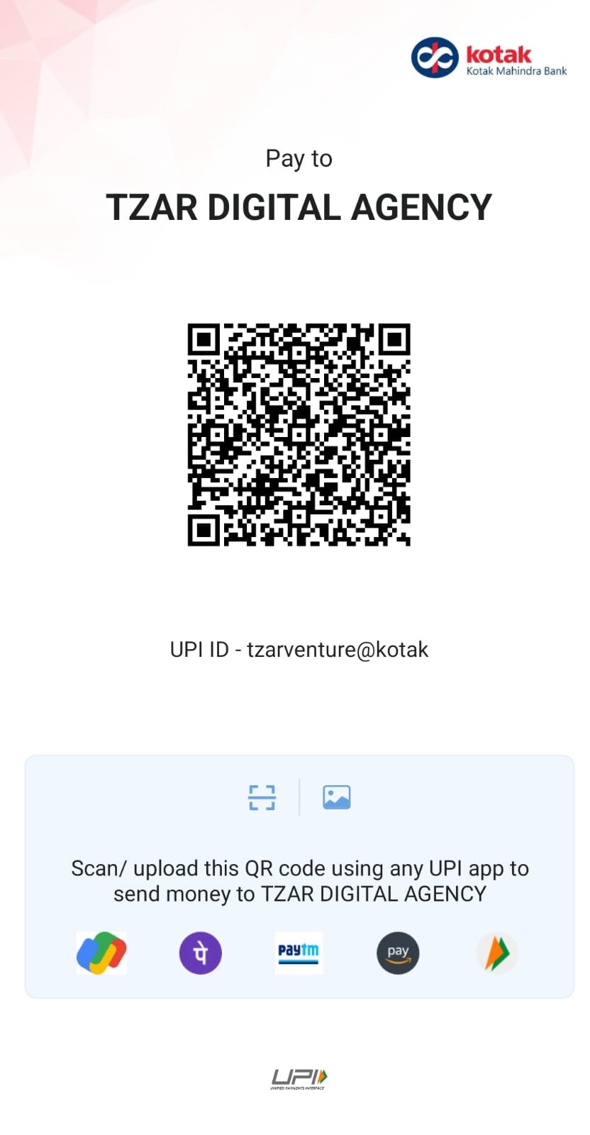Tzar Digital Agency Kotak UPI QR Code